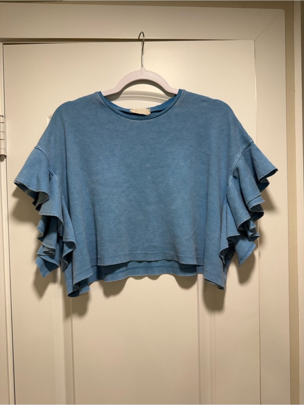 Altar'd State Powder Blue Ruffle Sleeve Crop Top